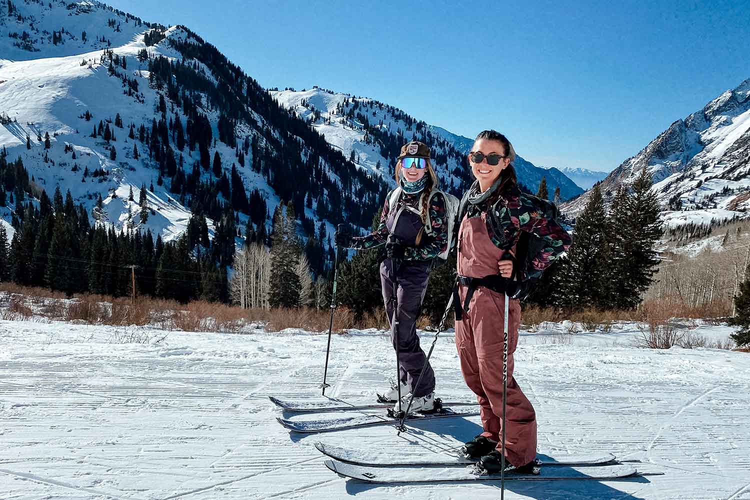 Ayja Bounous (on right) and her sister Tyndall (on left) ski touring in Little Cottonwood Canyon, Utah.