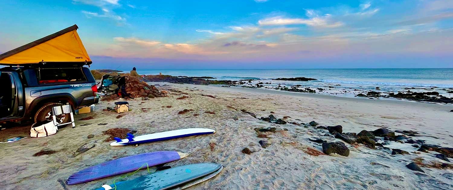 Gettin’ some much-needed beach time in Baja. Gear organized by RUX. Photo by Rob Wykoff.