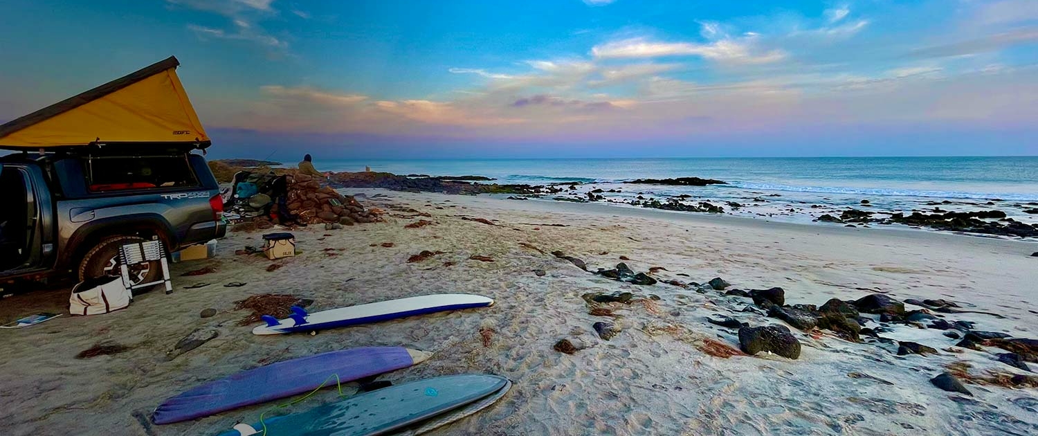 Gettin’ some much-needed beach time in Baja. Gear organized by RUX. Photo by Rob Wykoff.