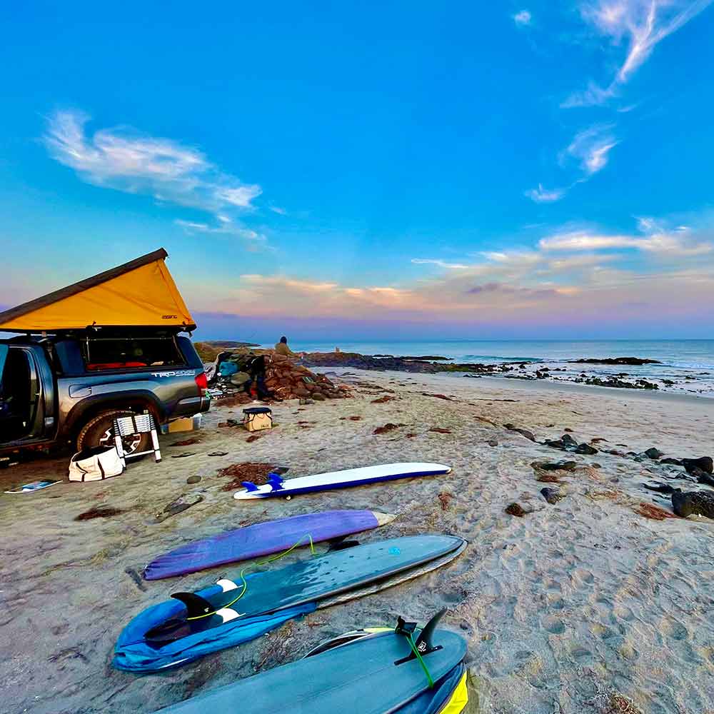 Gettin’ some much-needed beach time in Baja. Gear organized by RUX. Photo by Rob Wykoff.