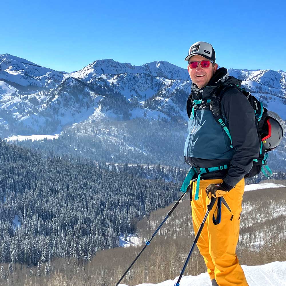 Eric touring in the Wasatch backcountry—Clayton Peak and 10420 in the distance.